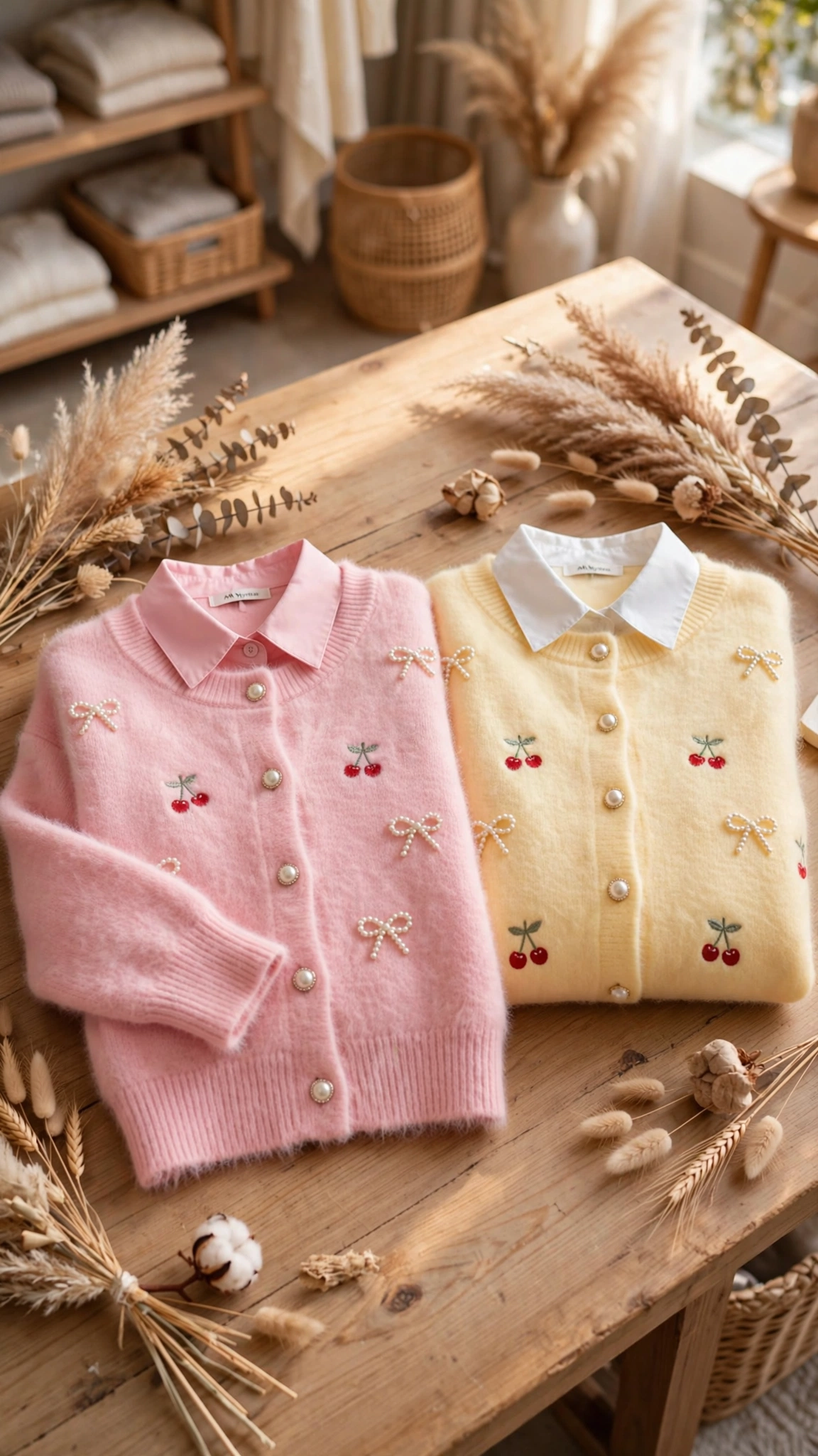Enchanting Cherry Embroidered Fuzzy Cardigan Set – Available in Pastel Pink & Soft Yellow - Image 5