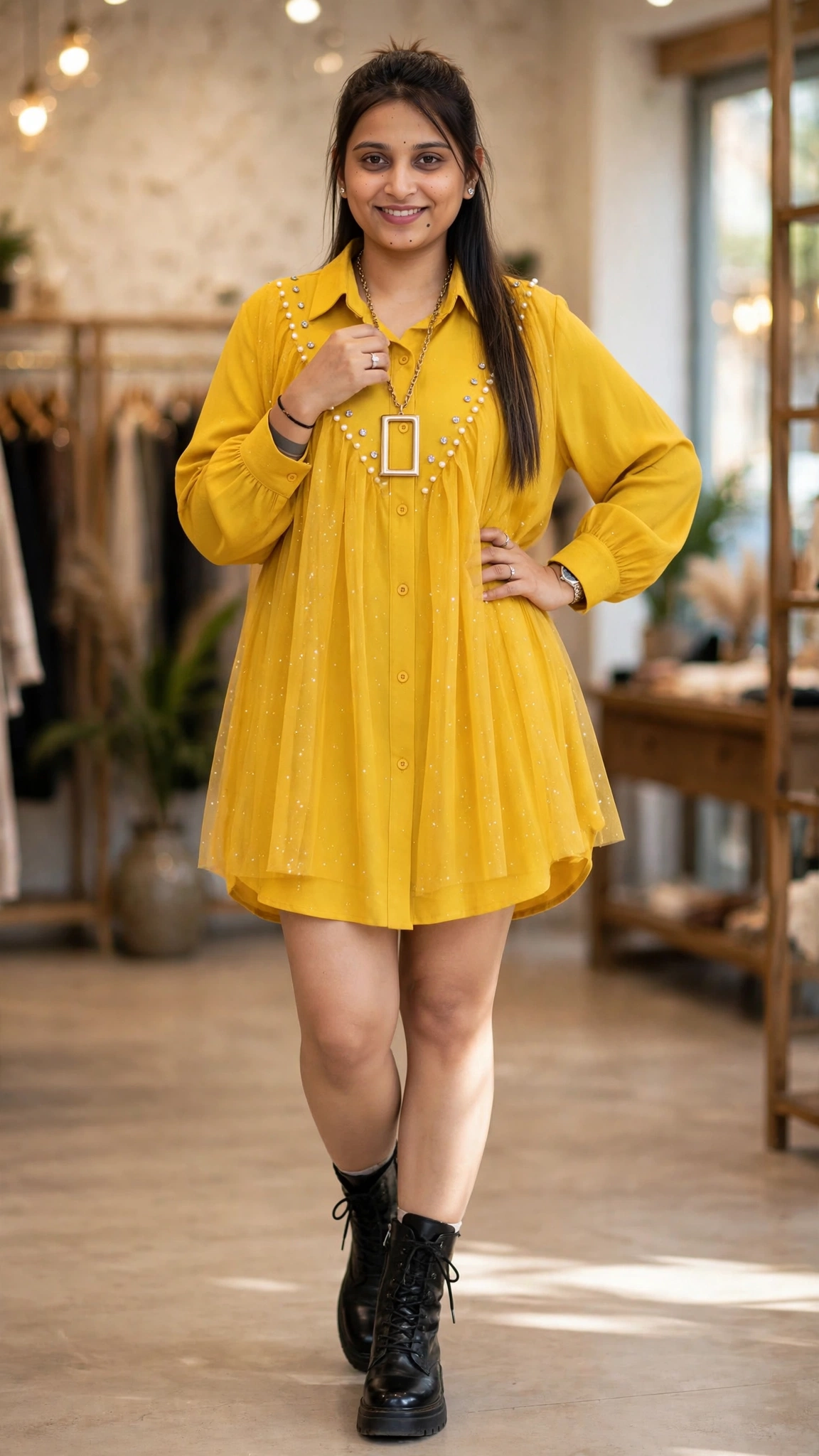 Sunshine Radiance Embellished Tulle Overlay Shirt Dress
