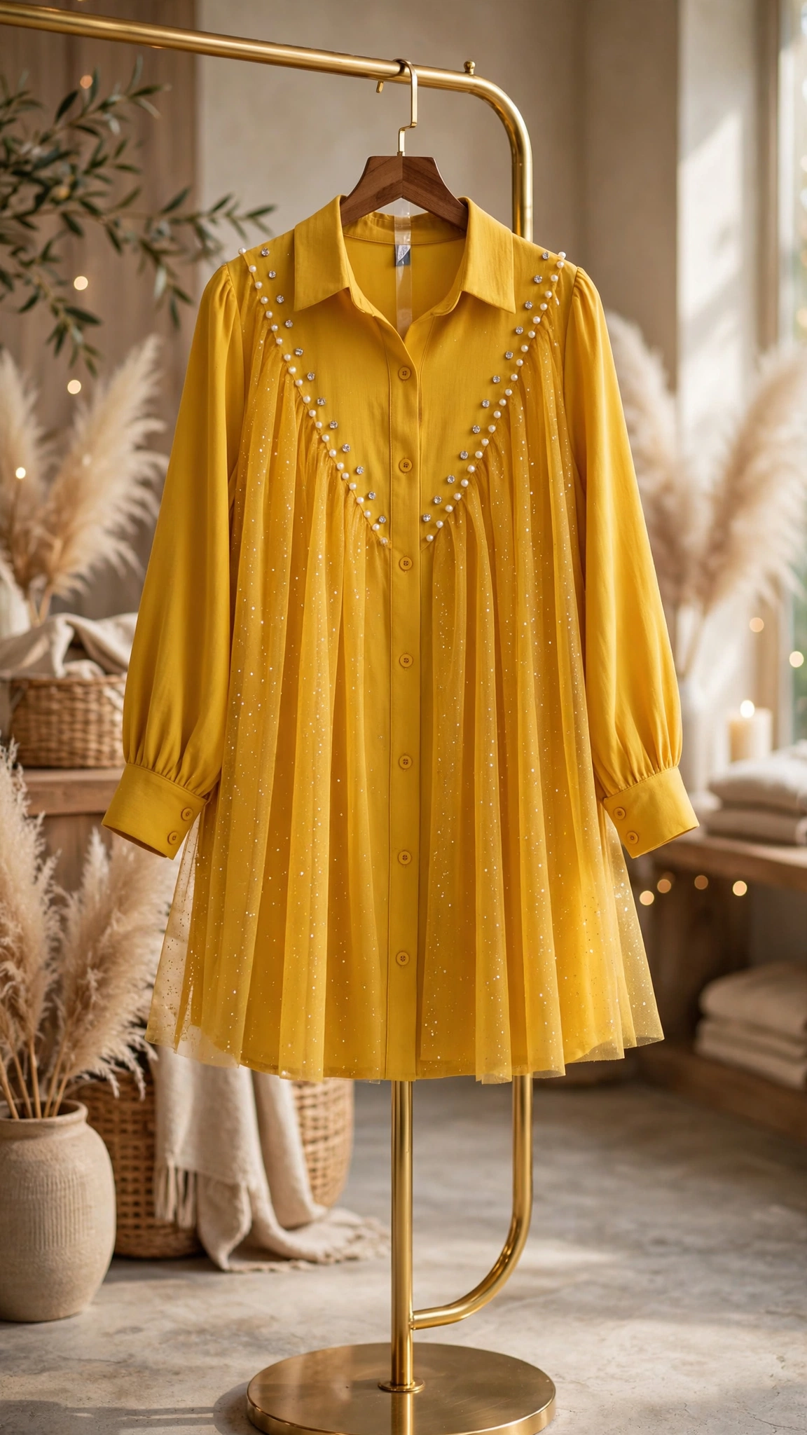 Sunshine Radiance Embellished Tulle Overlay Shirt Dress - Image 3