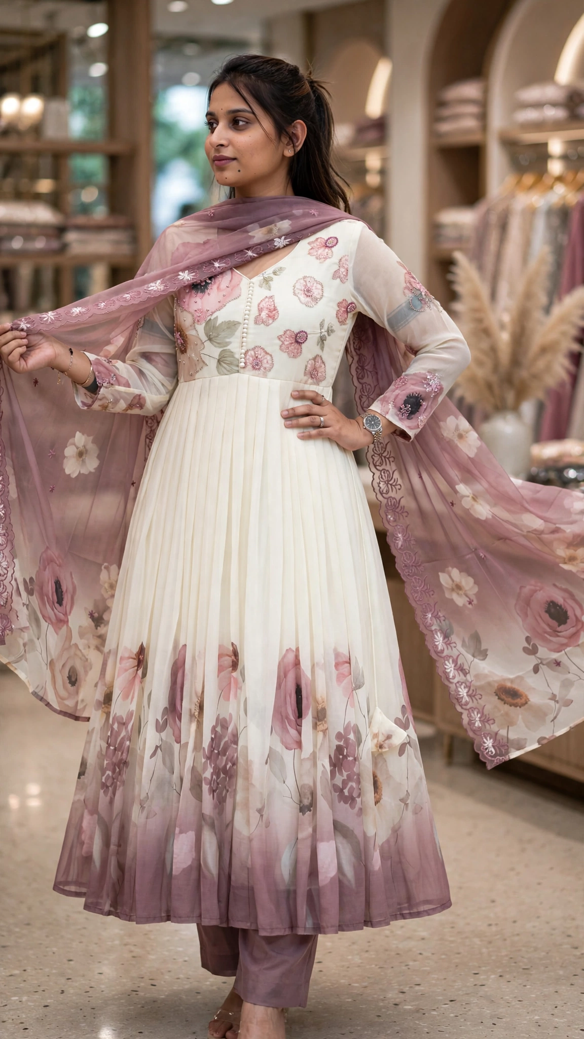 Ethereal Blush Floral Pleated Kurta Set with Embroidered Organza Dupatta