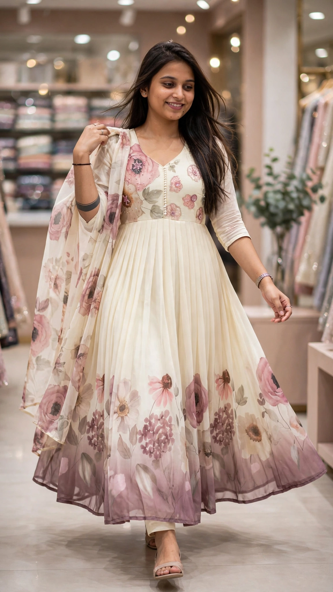 Ethereal Blush Floral Pleated Kurta Set with Embroidered Organza Dupatta - Image 2