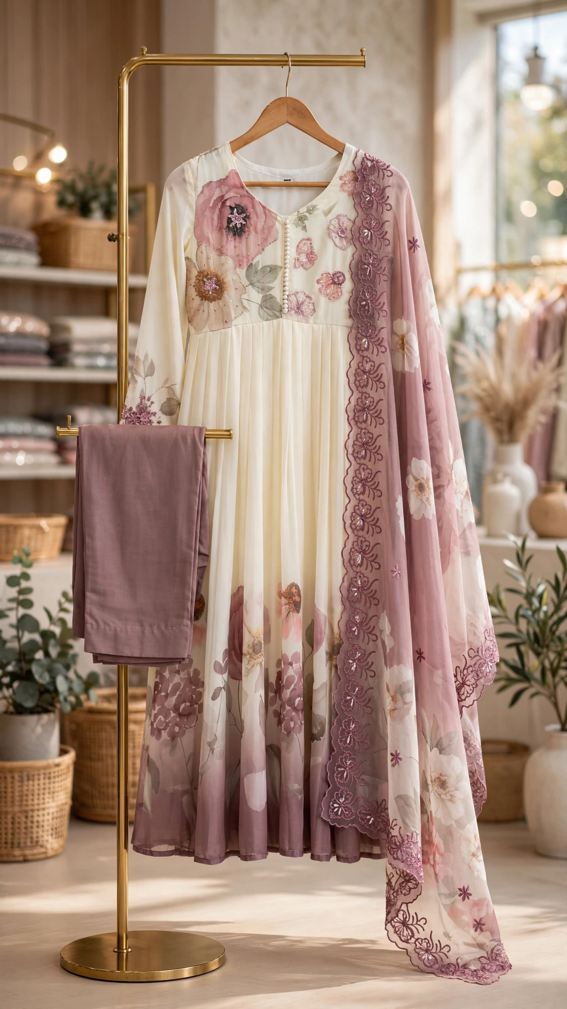 Ethereal Blush Floral Pleated Kurta Set with Embroidered Organza Dupatta - Image 3