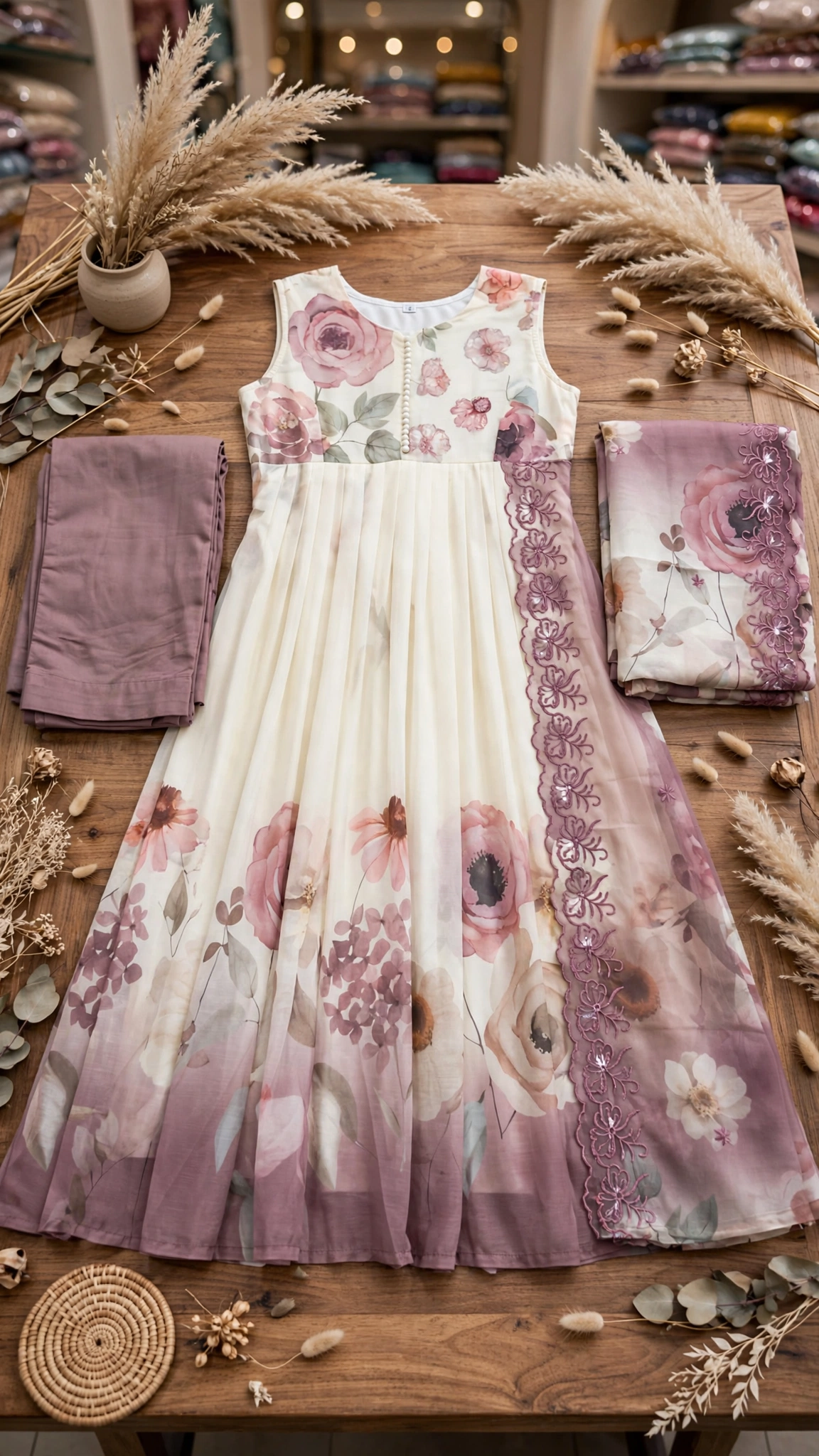 Ethereal Blush Floral Pleated Kurta Set with Embroidered Organza Dupatta - Image 4