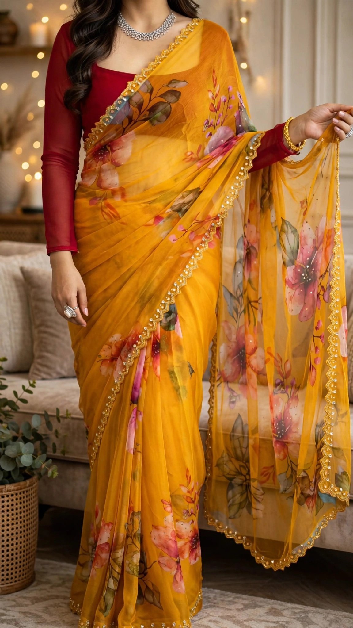 Sun-Kissed Marigold Floral Organza Saree with Sequin Scalloped Border - Image 4