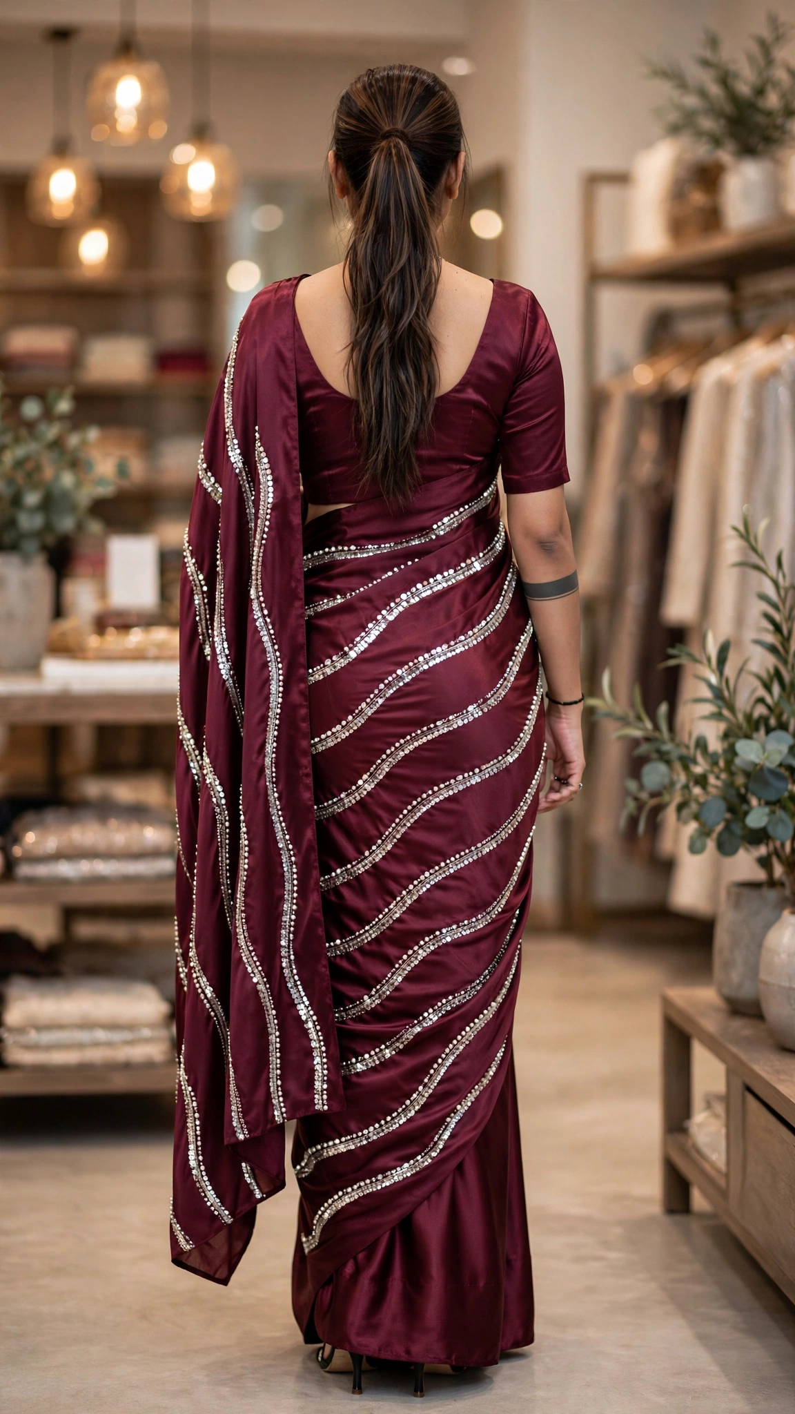 Enchanting Sequinned Chiffon Saree with Diagonal Embellishments – Available in Wine, Emerald, Champagne, Olive & Fuchsia - Image 2