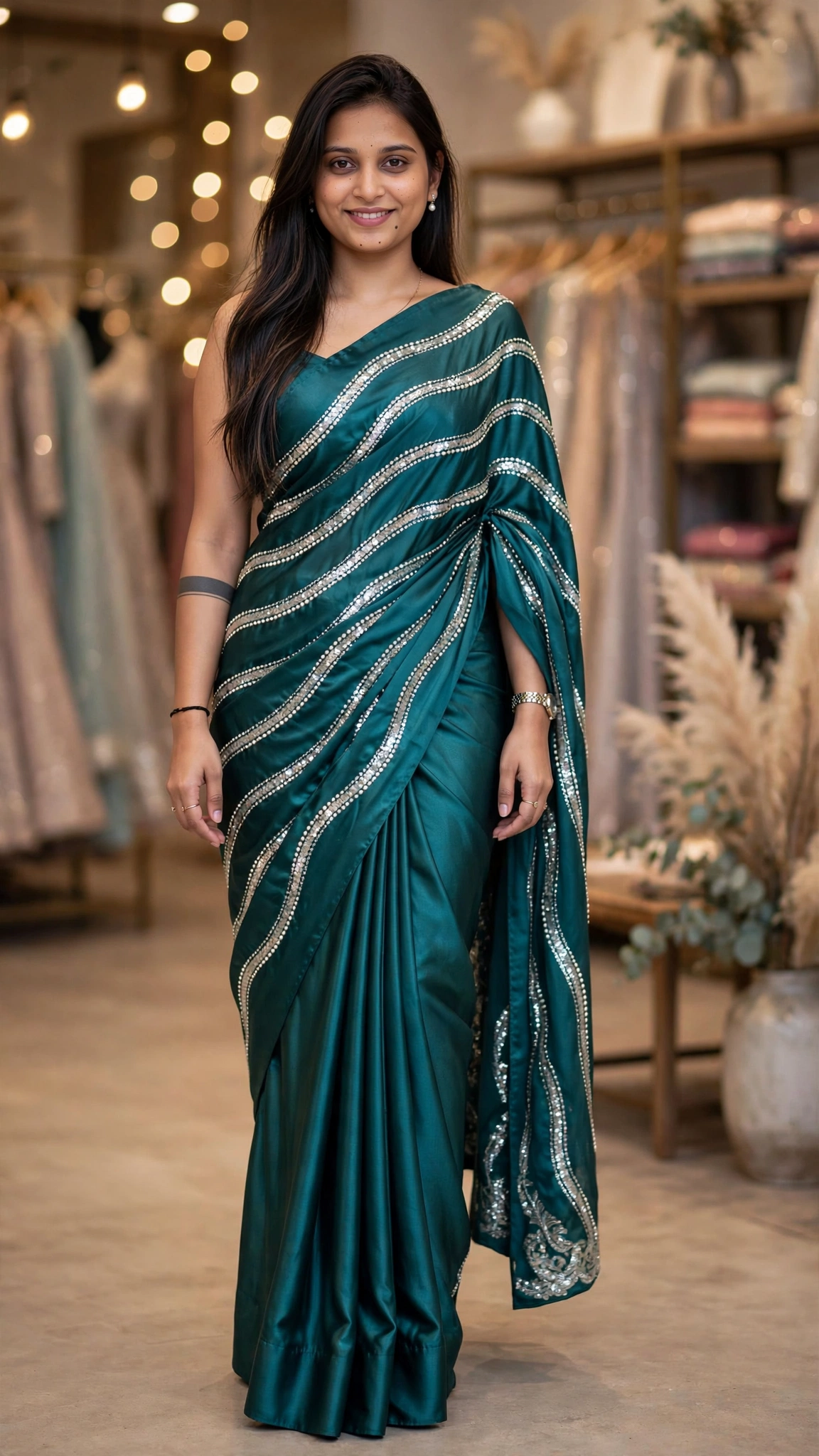 Enchanting Sequinned Chiffon Saree with Diagonal Embellishments – Available in Wine, Emerald, Champagne, Olive & Fuchsia - Image 3