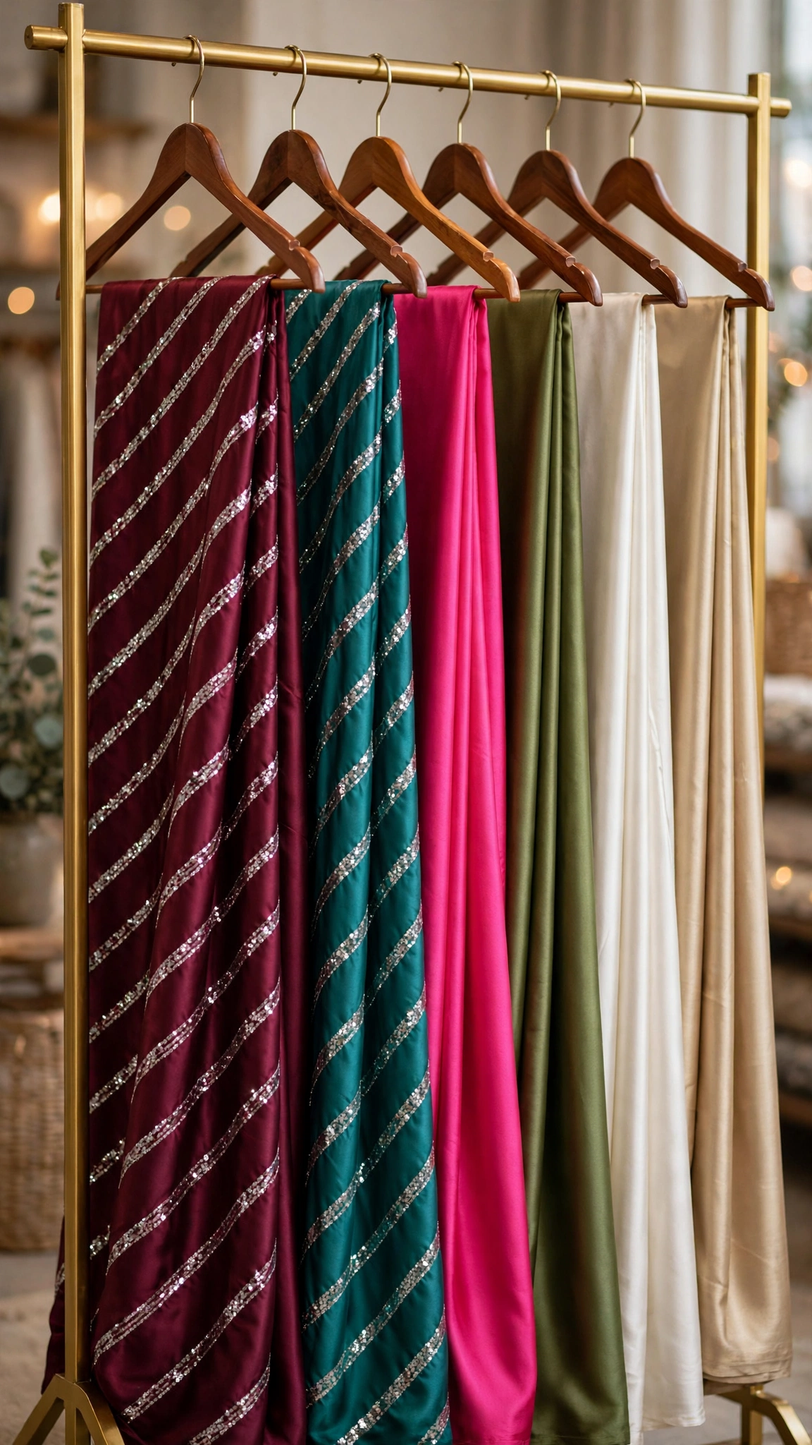 Enchanting Sequinned Chiffon Saree with Diagonal Embellishments – Available in Wine, Emerald, Champagne, Olive & Fuchsia - Image 5