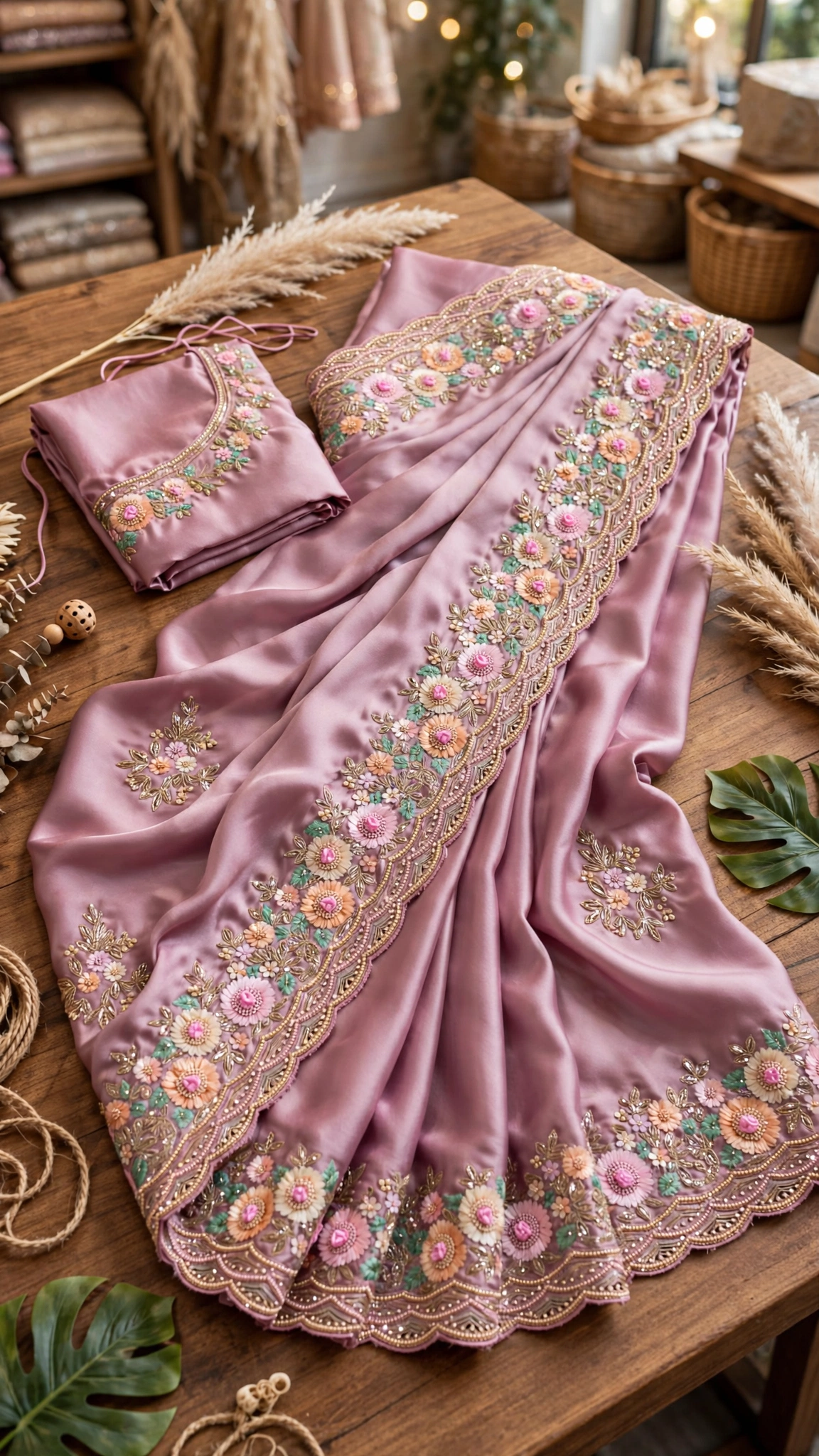 Lilac Enchantment Satin Floral Embroidered Saree - Image 3