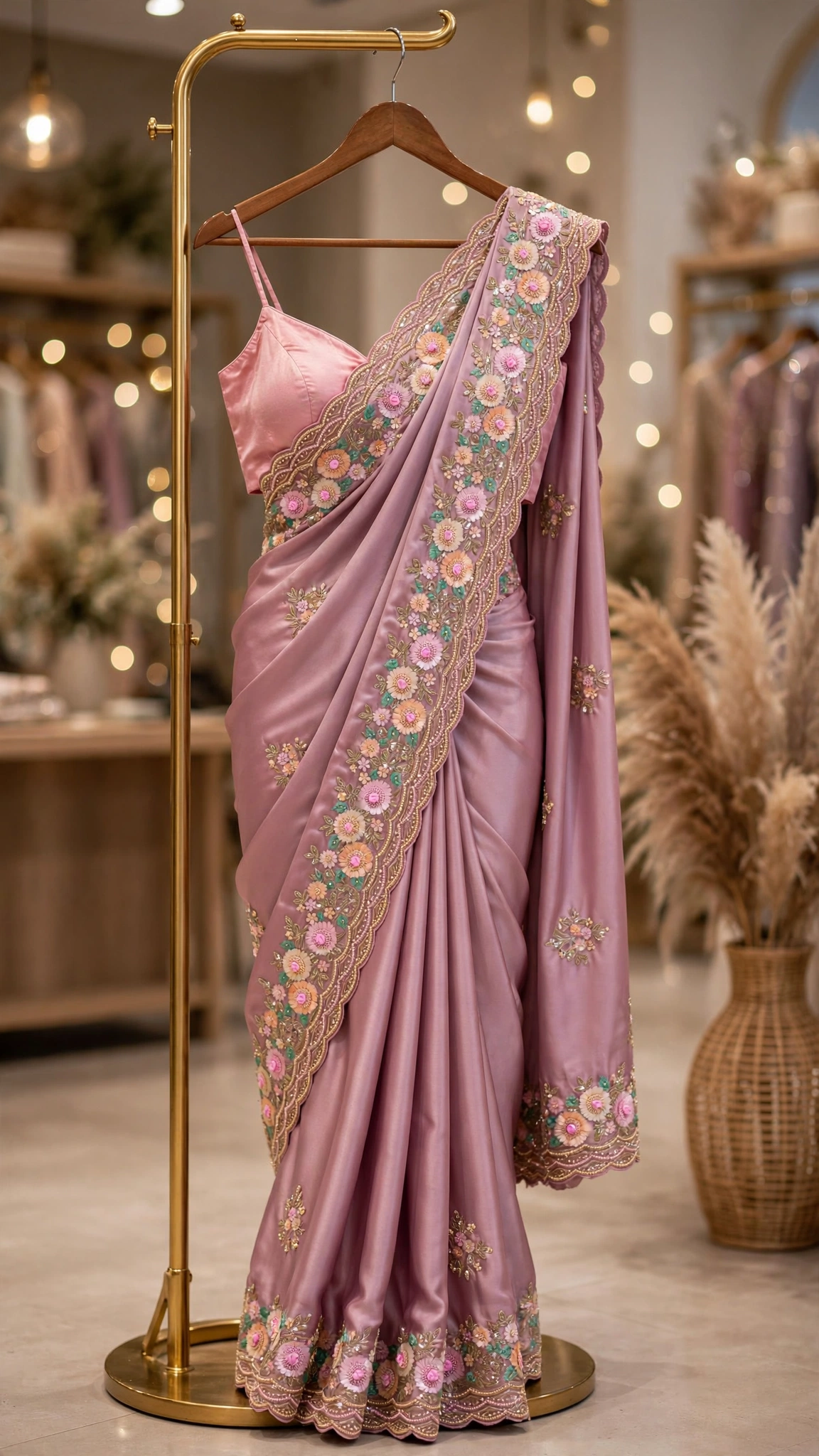 Lilac Enchantment Satin Floral Embroidered Saree - Image 4