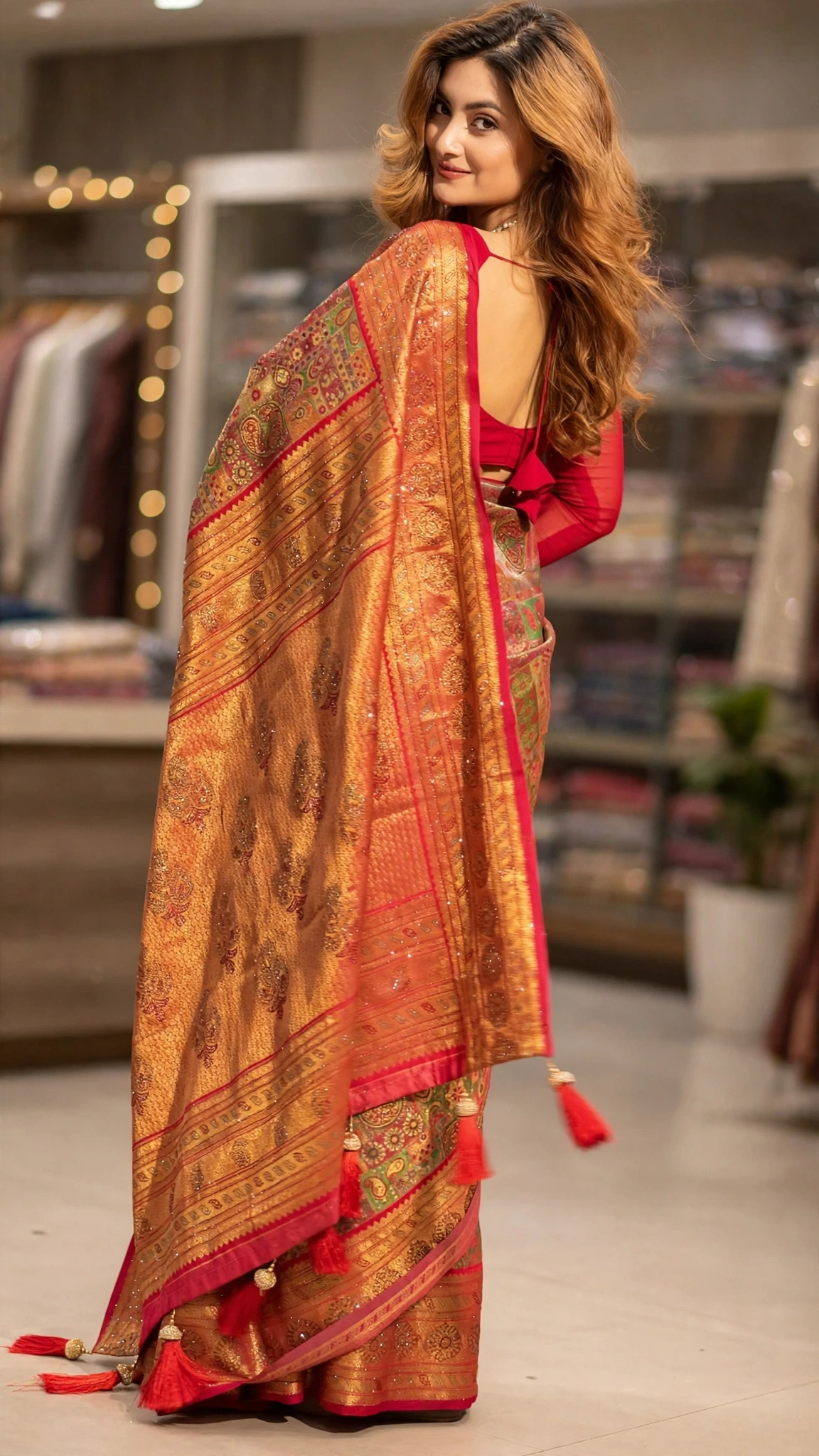 Opulent Festive Patchwork Banarasi Saree with Sequined Border – Red Gold - Image 2