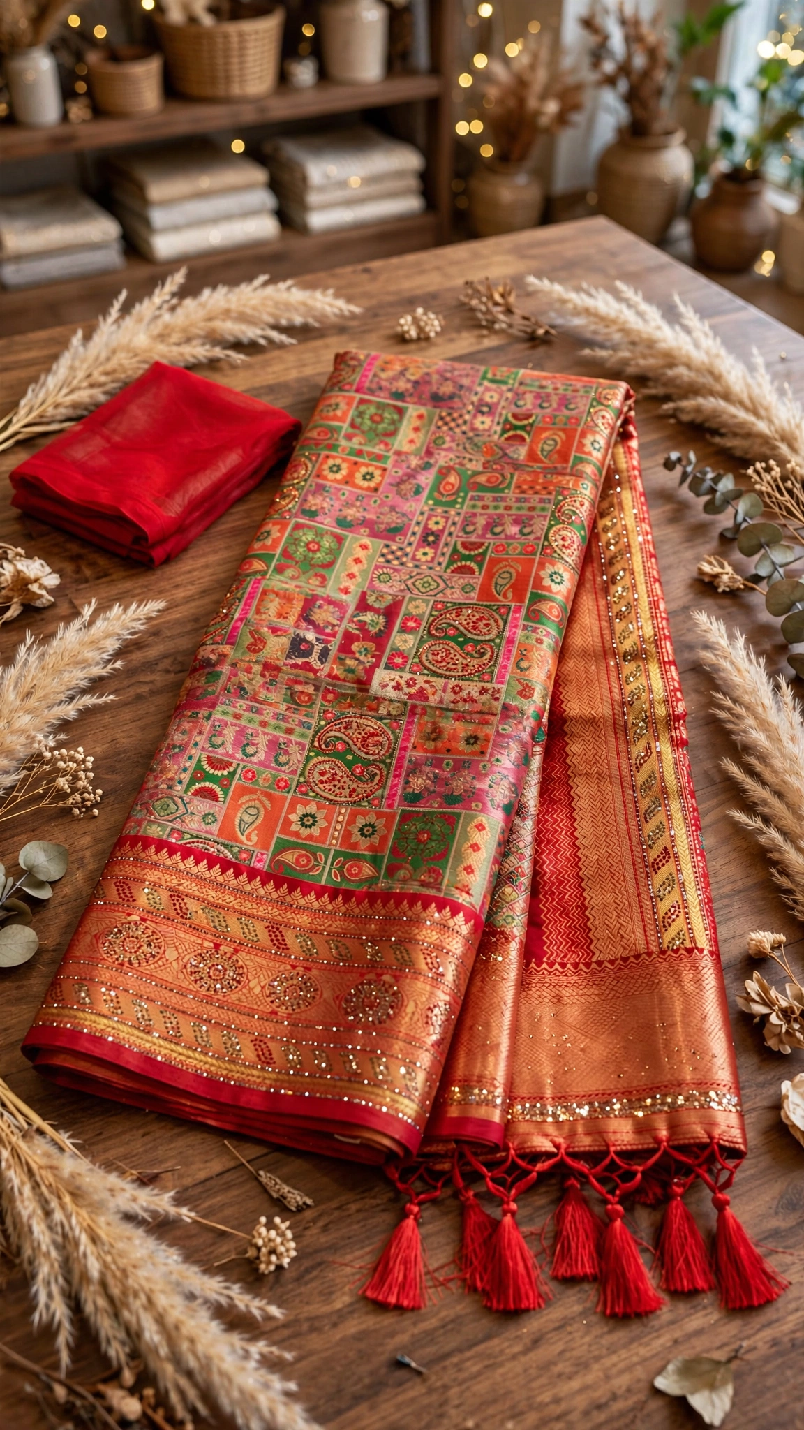 Opulent Festive Patchwork Banarasi Saree with Sequined Border – Red Gold - Image 3