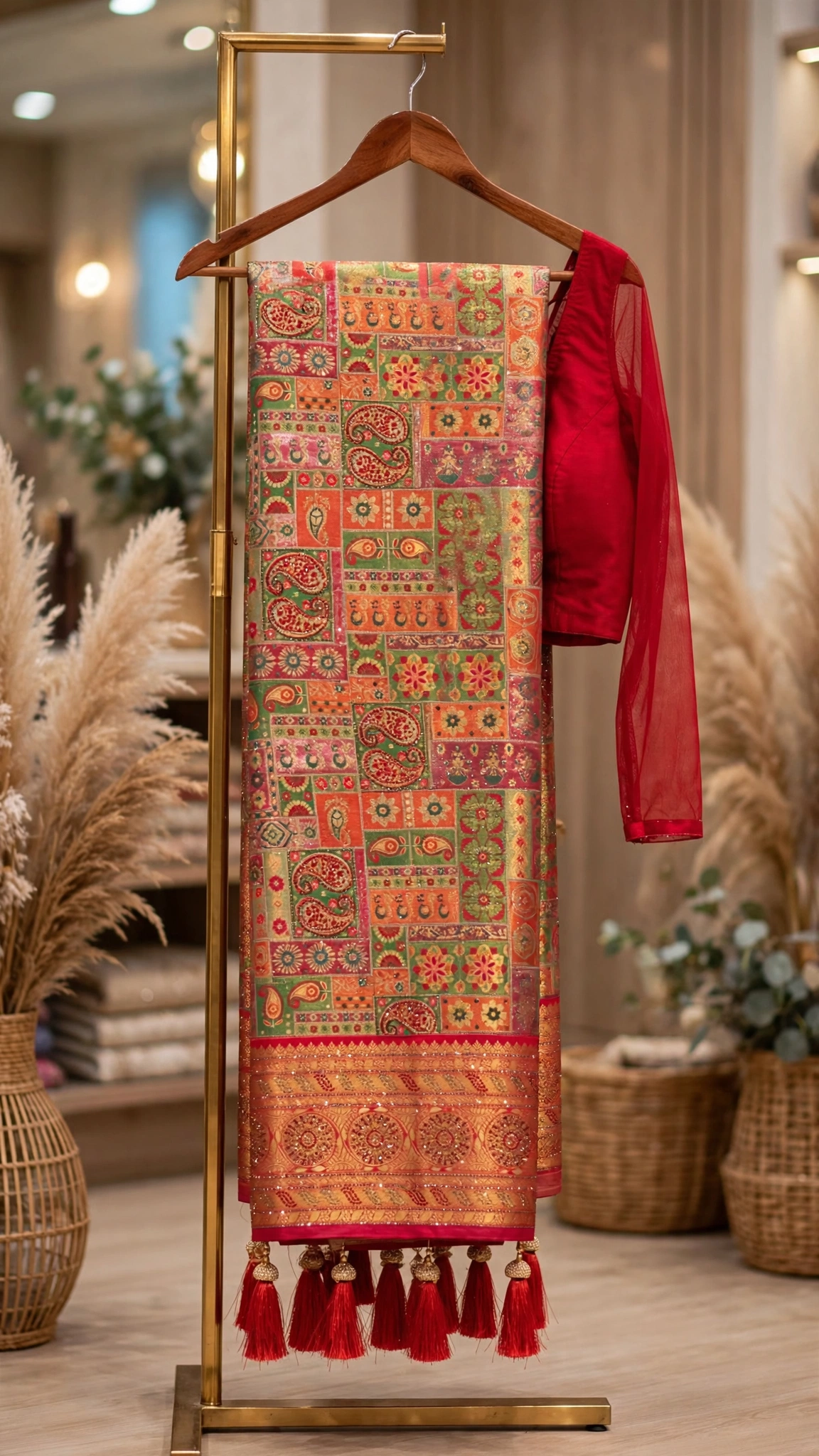 Opulent Festive Patchwork Banarasi Saree with Sequined Border – Red Gold - Image 4