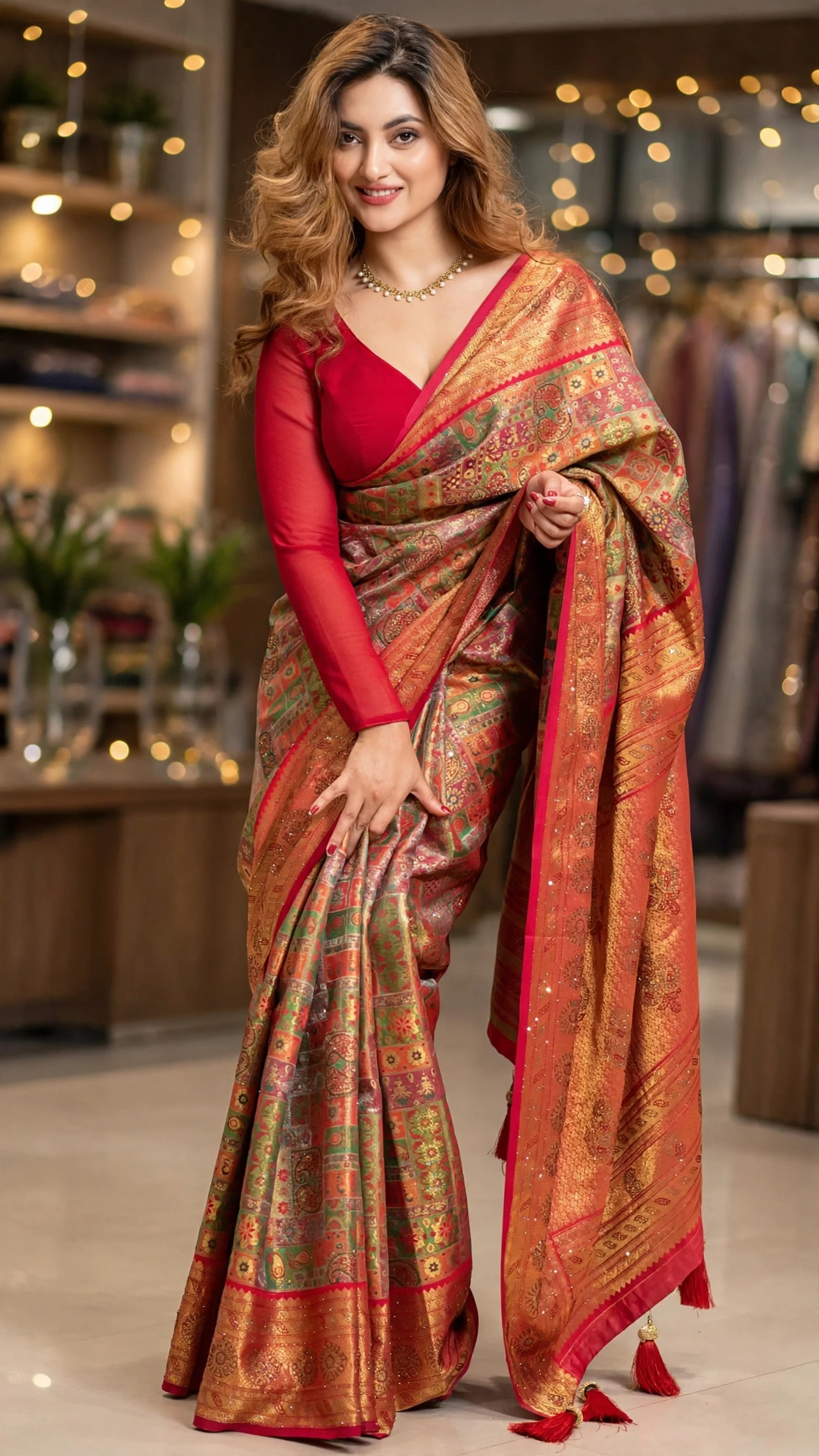 Opulent Festive Patchwork Banarasi Saree with Sequined Border – Red Gold