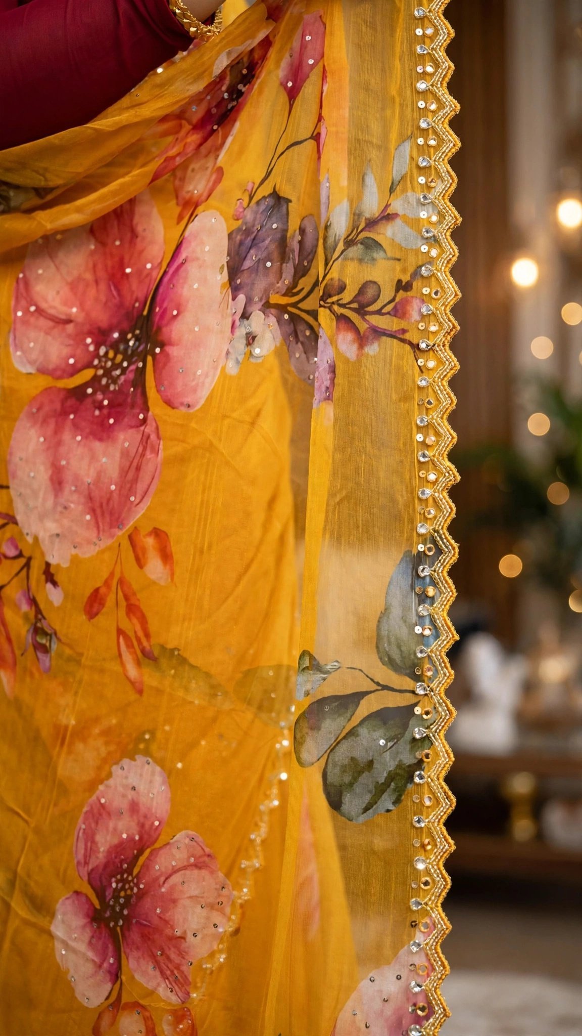 Sun-Kissed Marigold Floral Organza Saree with Sequin Scalloped Border - Image 2
