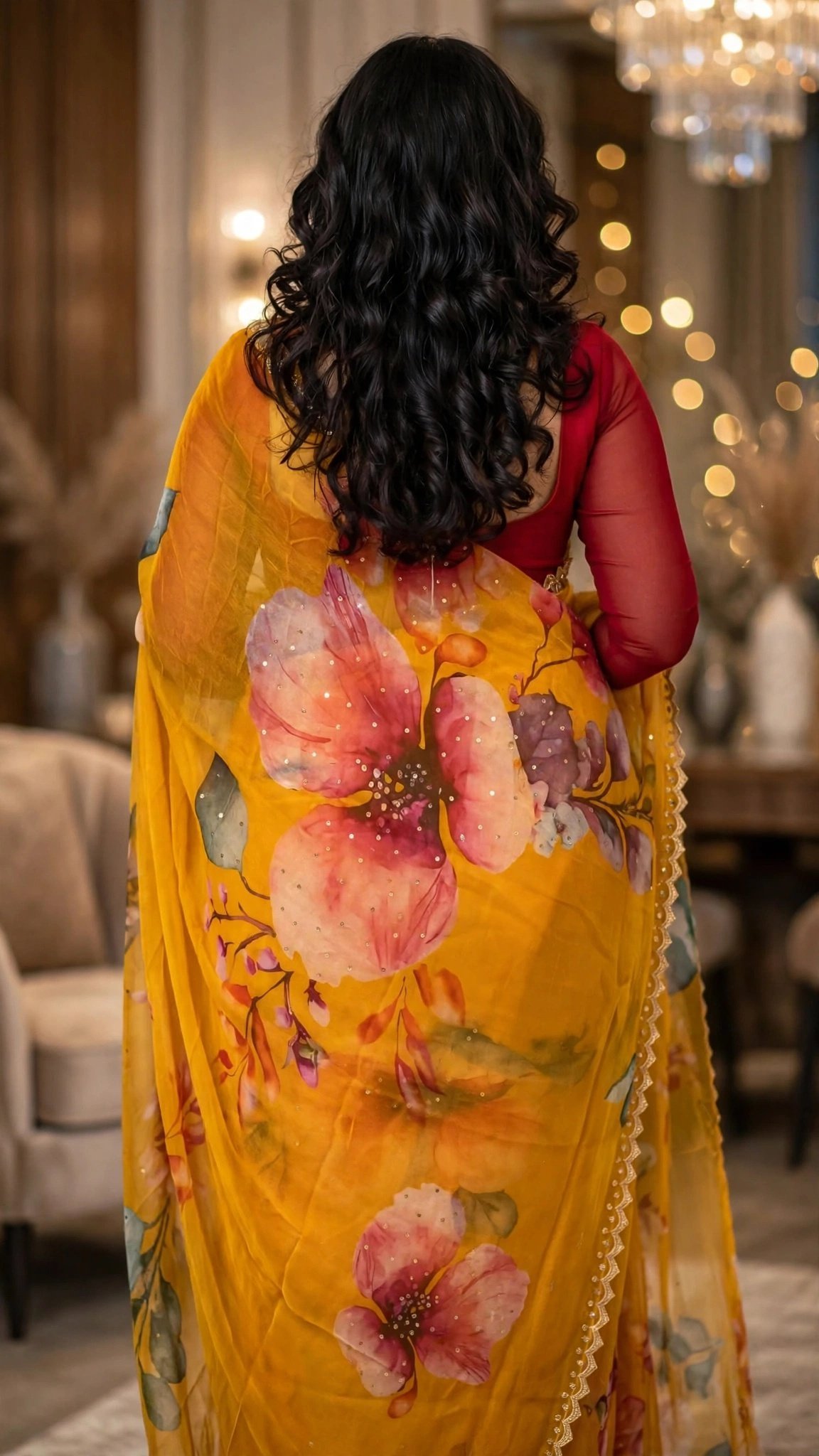Sun-Kissed Marigold Floral Organza Saree with Sequin Scalloped Border - Image 3