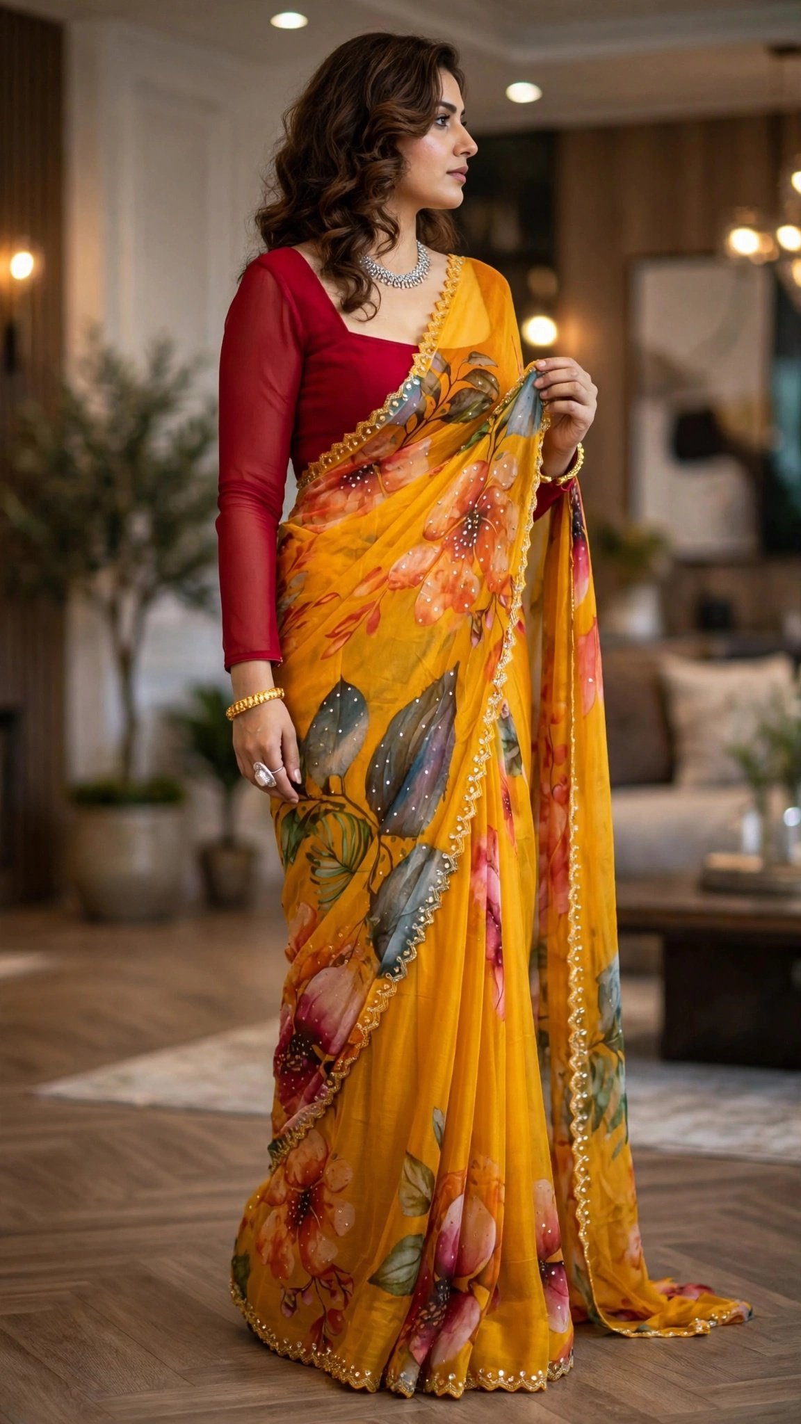 Sun-Kissed Marigold Floral Organza Saree with Sequin Scalloped Border - Image 4