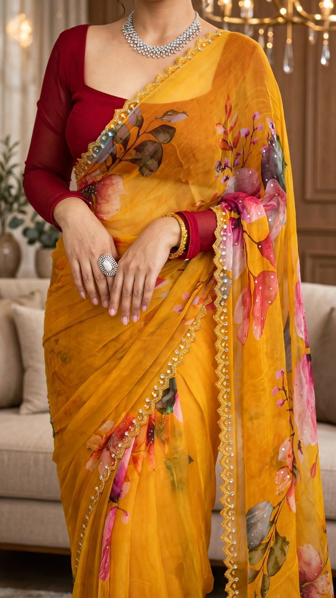 Sun-Kissed Marigold Floral Organza Saree with Sequin Scalloped Border