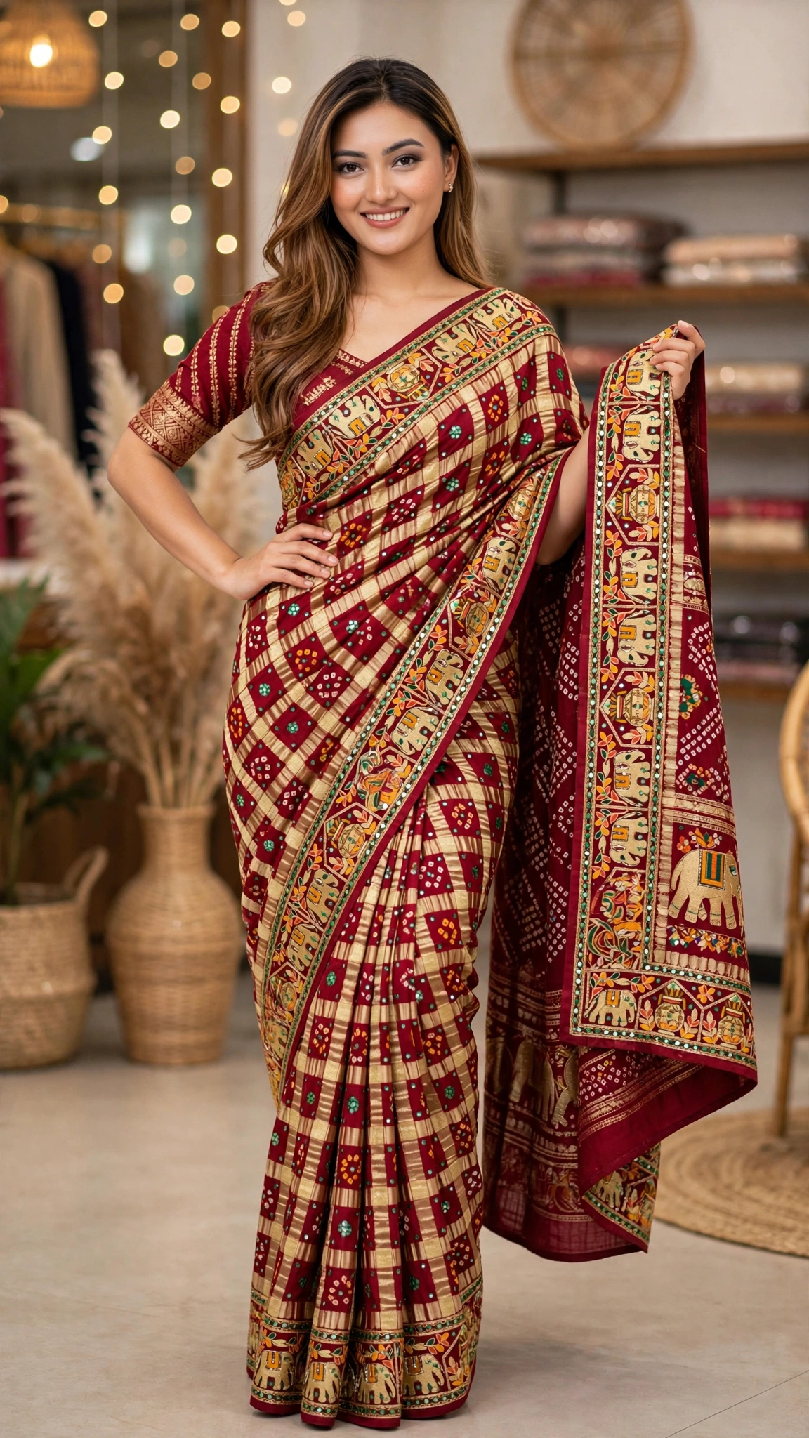 Regal Maroon & Gold Elephant Motif Embroidered Bandhani Saree