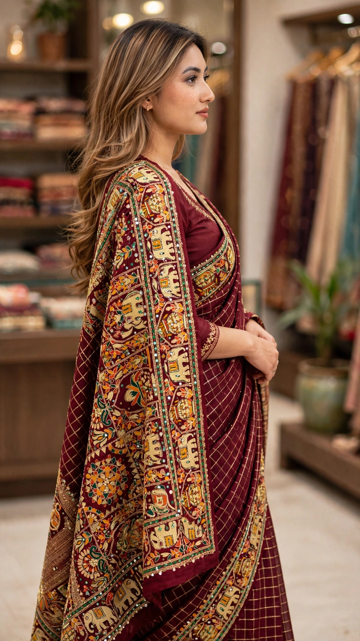 Regal Maroon & Gold Elephant Motif Embroidered Bandhani Saree - Image 2