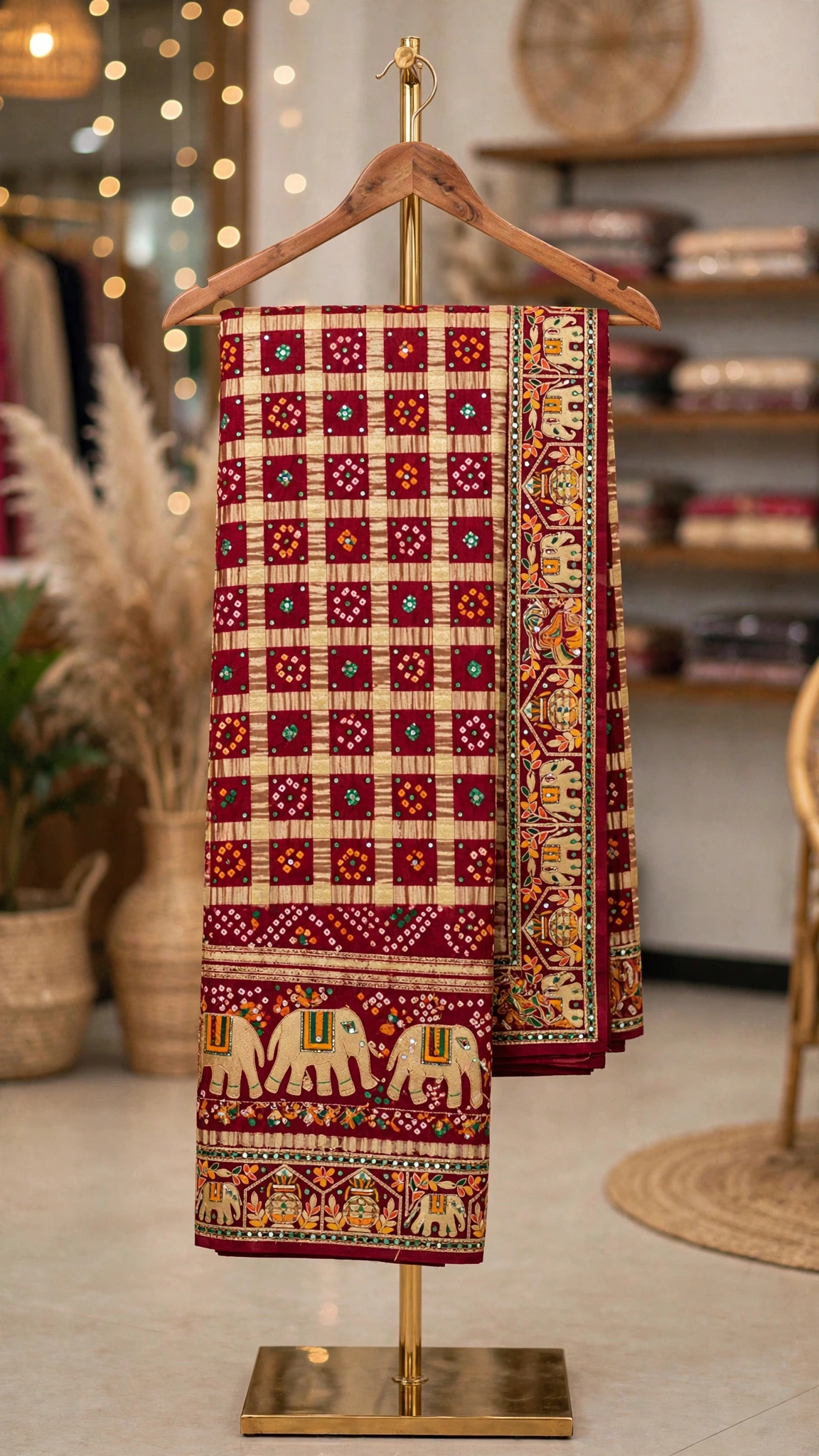 Regal Maroon & Gold Elephant Motif Embroidered Bandhani Saree - Image 3