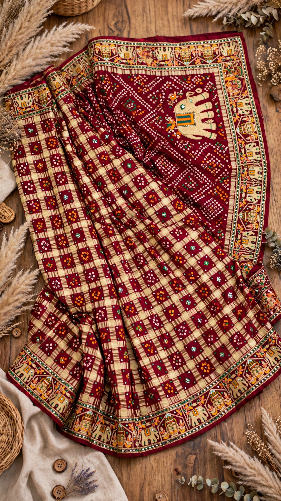 Regal Maroon & Gold Elephant Motif Embroidered Bandhani Saree - Image 4