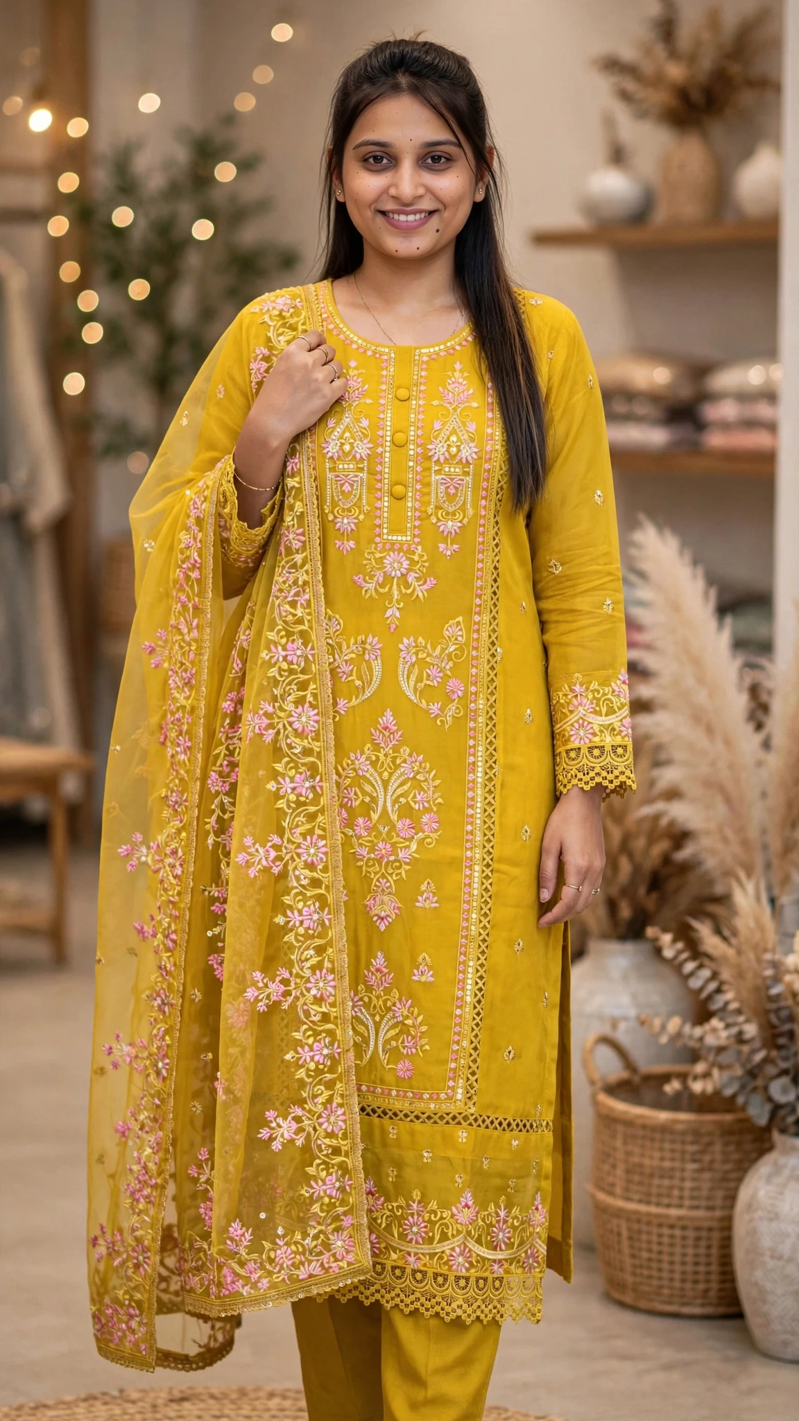 Sunshine Mustard Embroidered Kurta Set with Scalloped Dupatta