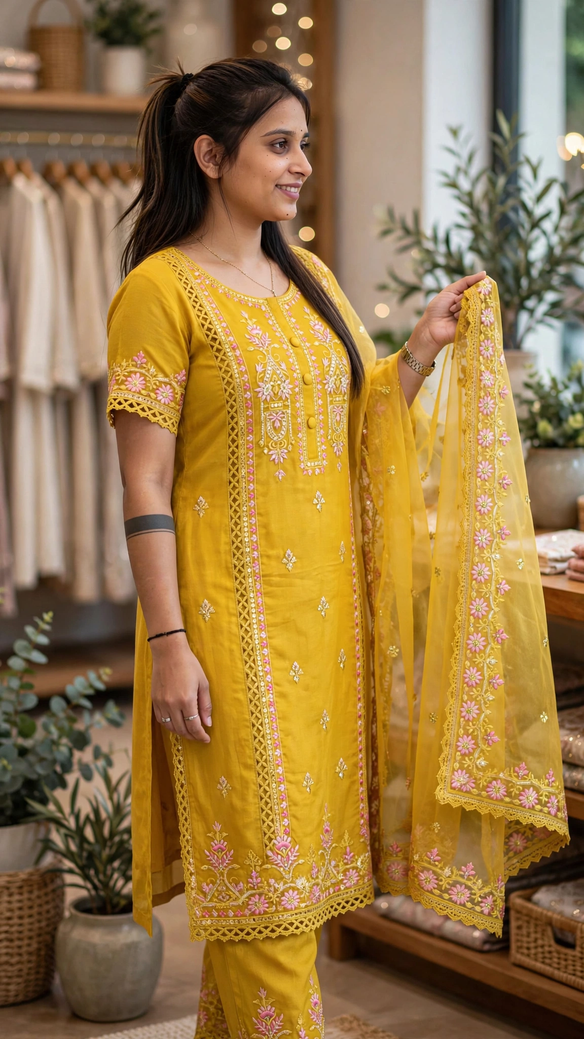 Sunshine Mustard Embroidered Kurta Set with Scalloped Dupatta - Image 2