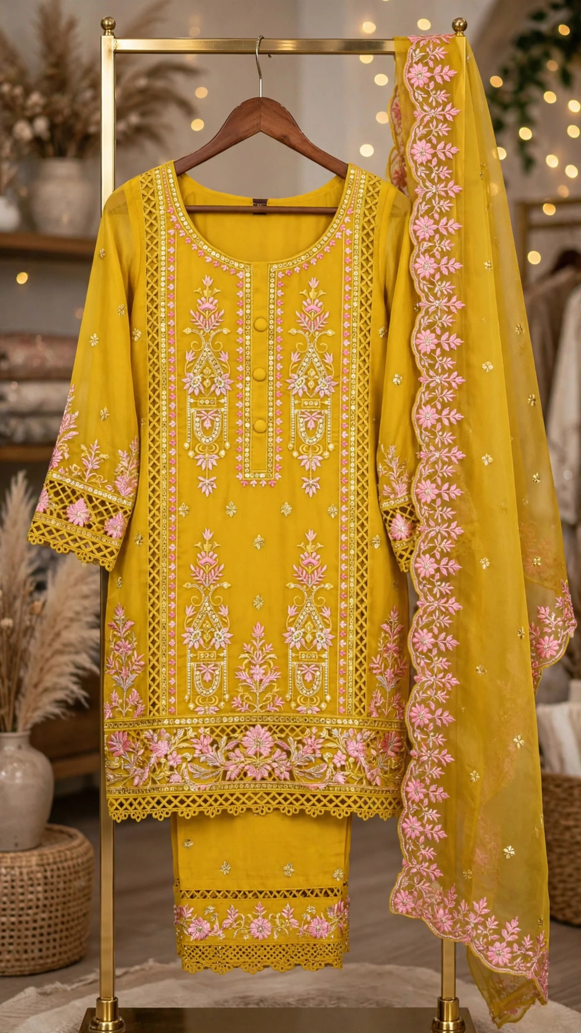 Sunshine Mustard Embroidered Kurta Set with Scalloped Dupatta - Image 3