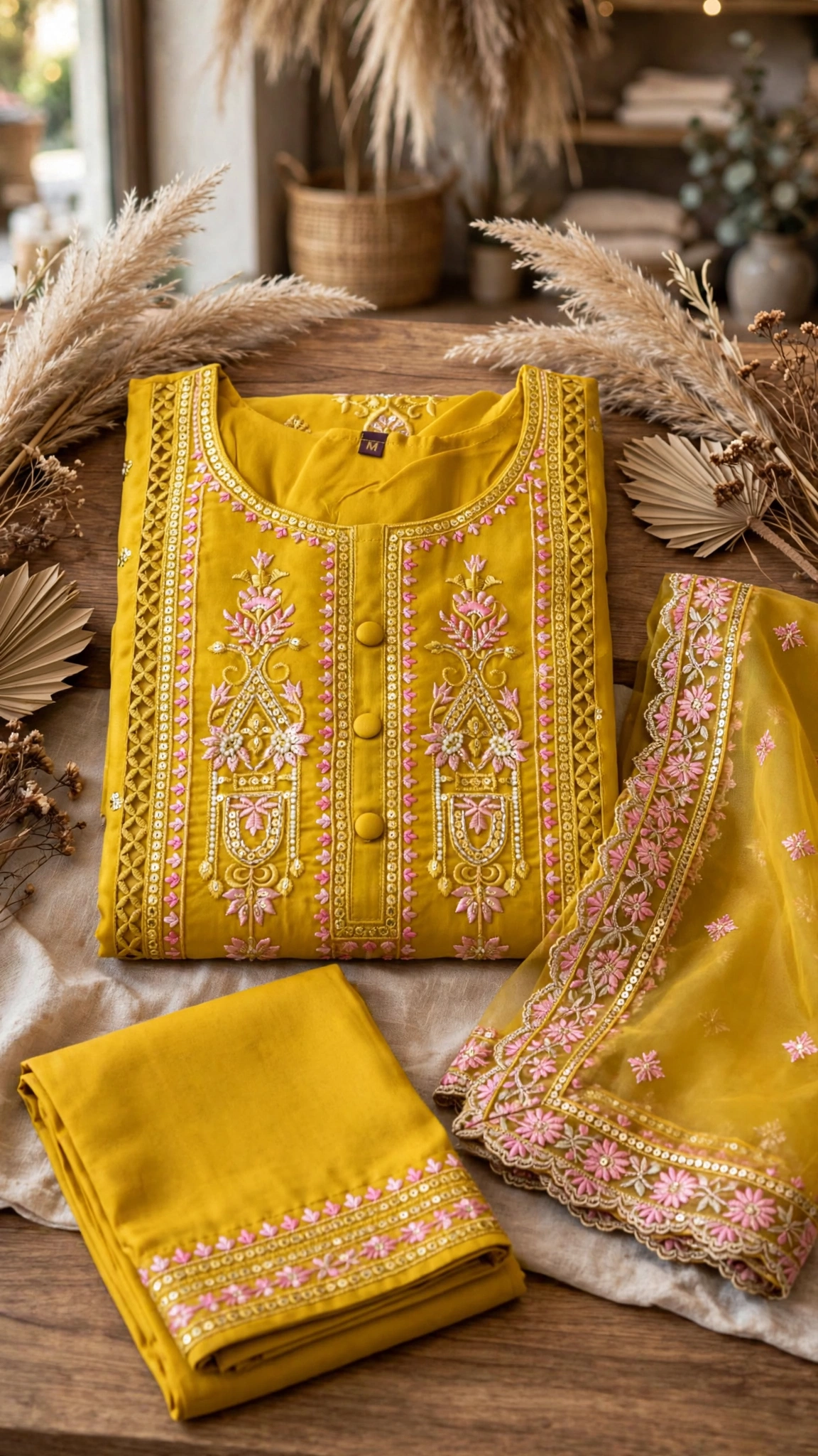 Sunshine Mustard Embroidered Kurta Set with Scalloped Dupatta - Image 4