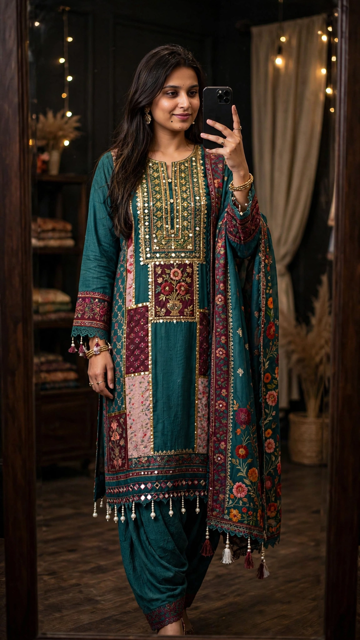 Enchanted Teal Patchwork Embroidered Kurta Set with Mirror Work