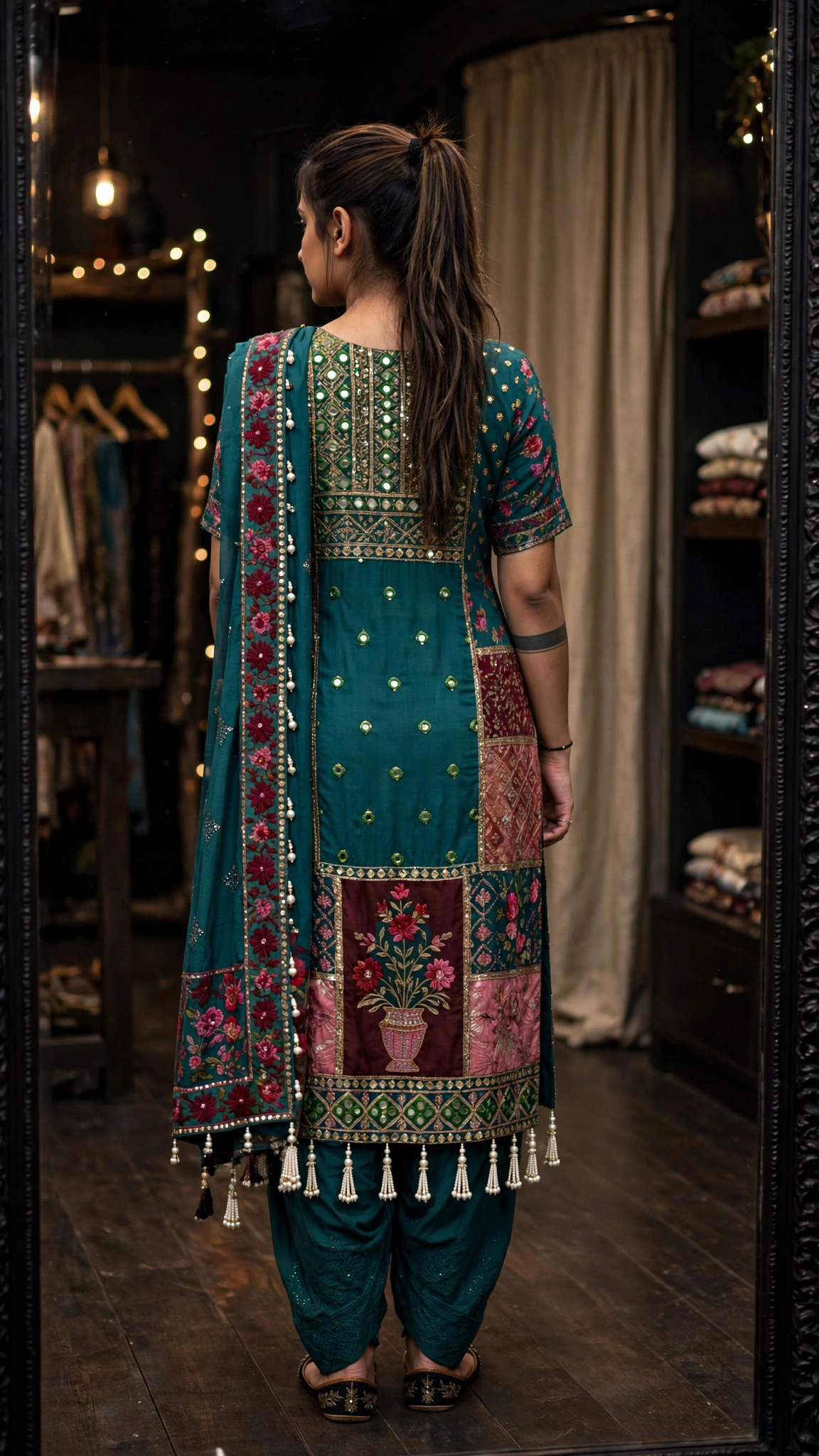 Enchanted Teal Patchwork Embroidered Kurta Set with Mirror Work - Image 2