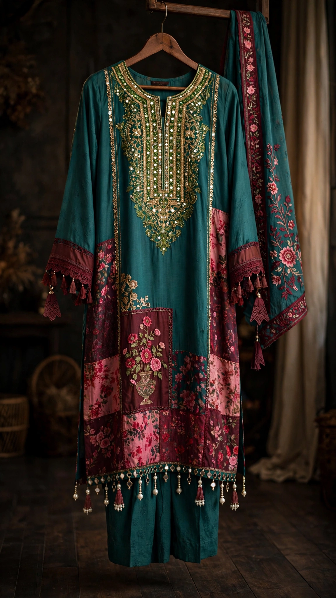 Enchanted Teal Patchwork Embroidered Kurta Set with Mirror Work - Image 3