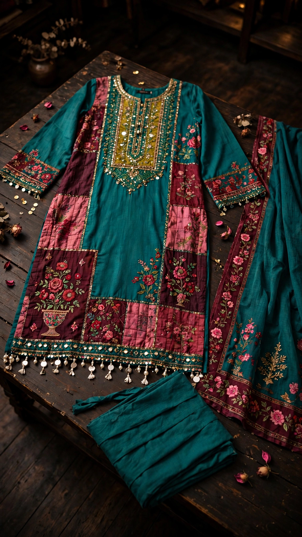 Enchanted Teal Patchwork Embroidered Kurta Set with Mirror Work - Image 4
