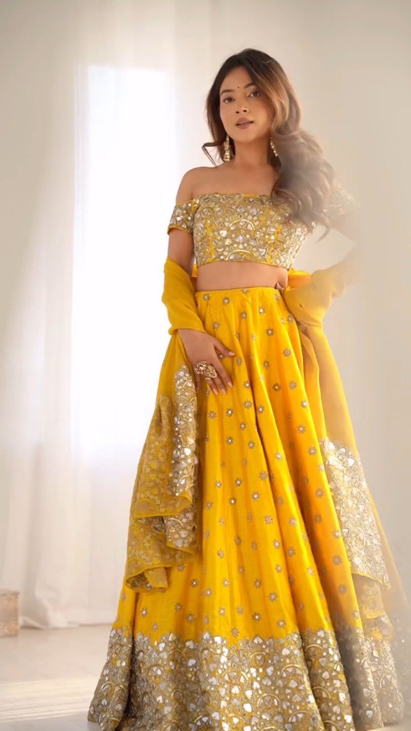 Radiant Sunlight Off-Shoulder Mirror Work Lehenga Set - Image 3