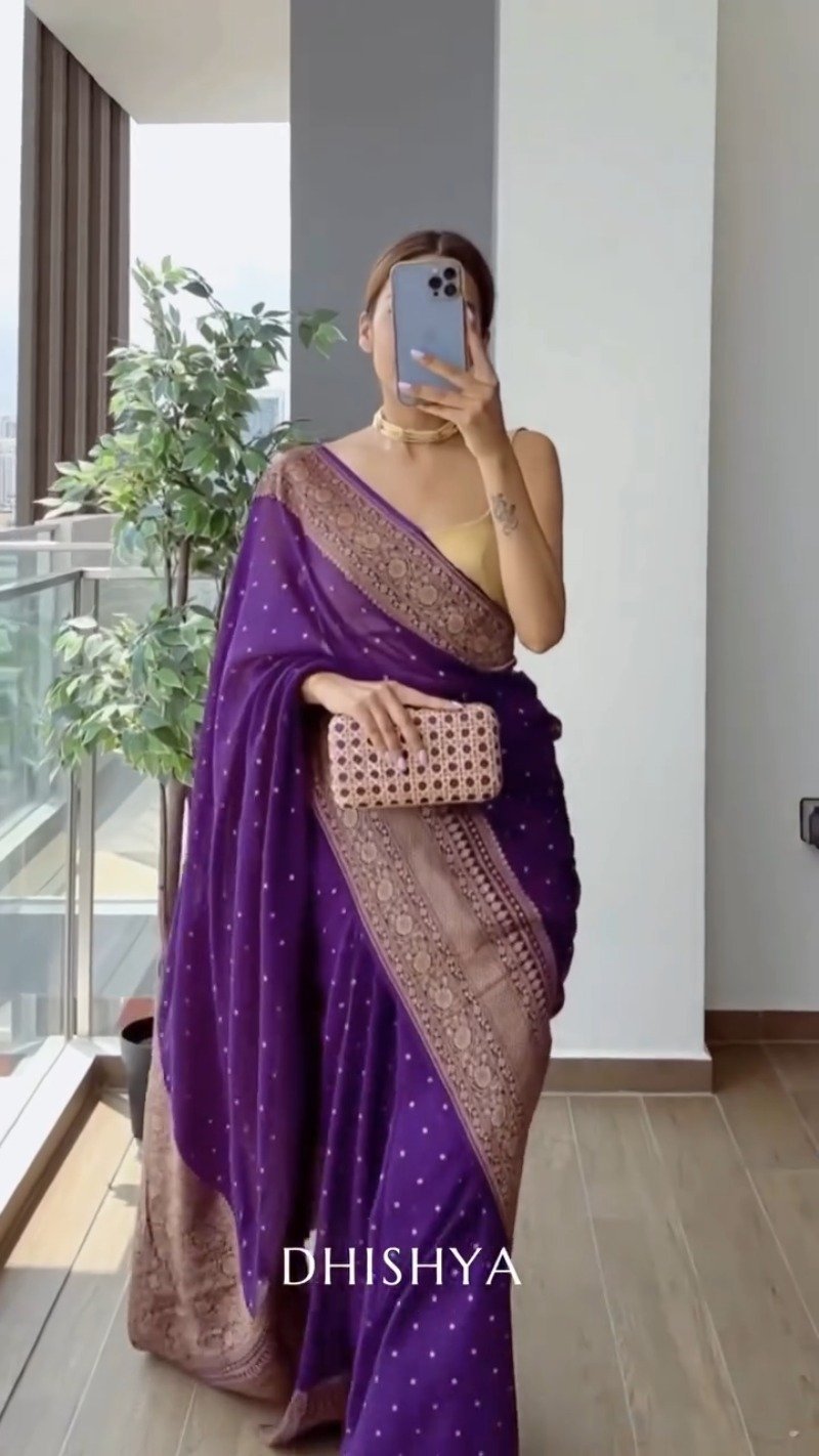 Royal Purple Banarasi Silk Saree with Antique Gold Border – Available in a Single Colourway - Image 2